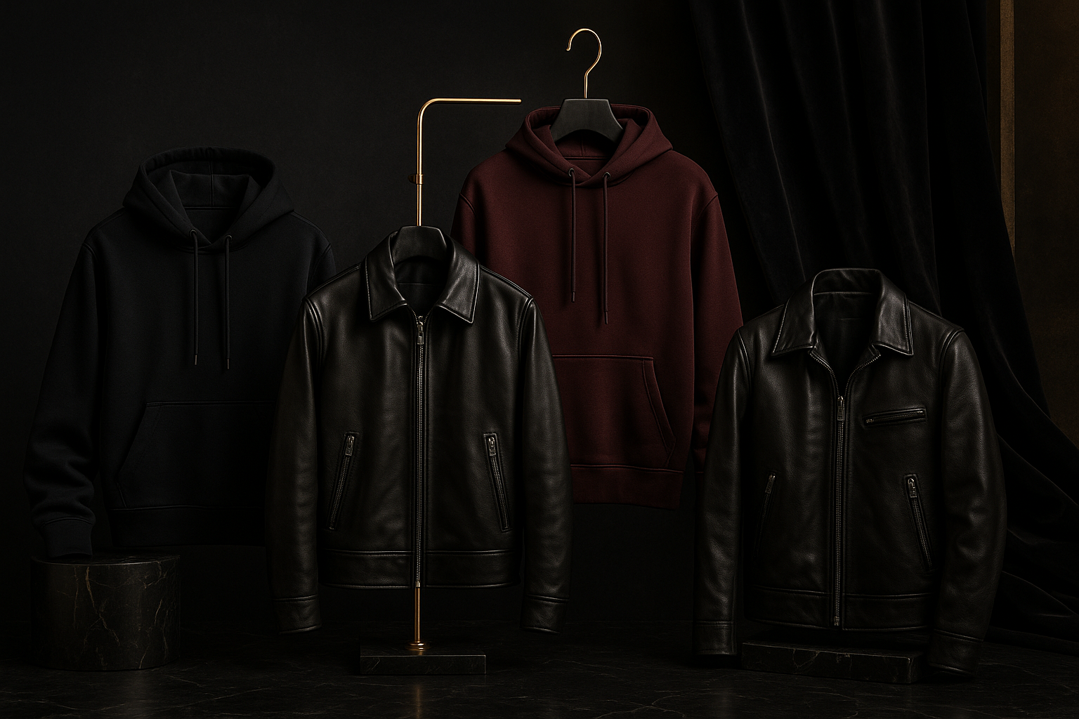 give me banner for my clothing brand like professional luxury and classy richness vibe background with expensive hoddies and jacket 